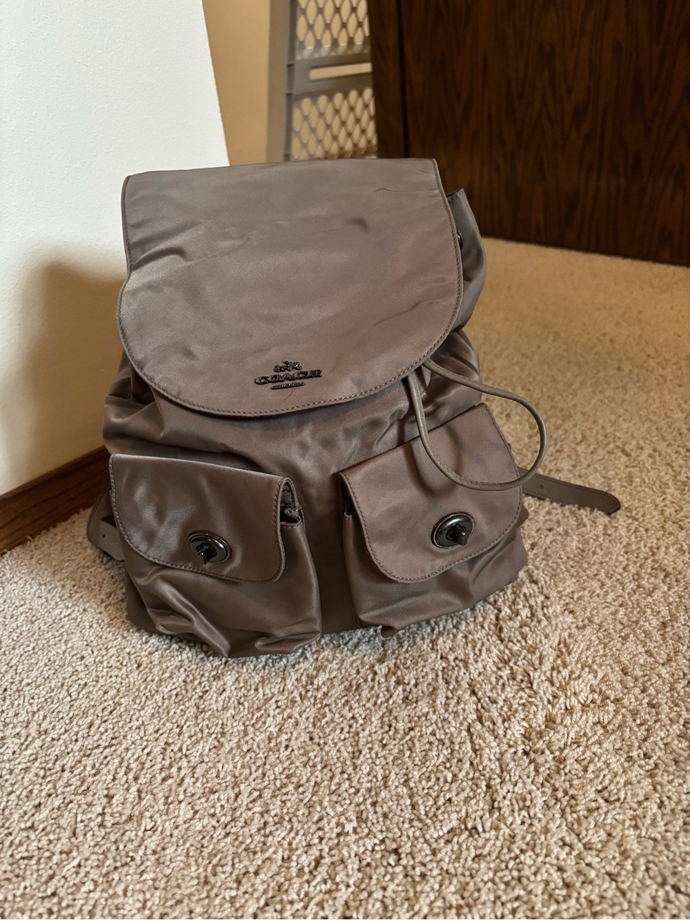 Coach Taupe Nylon Drawstring Backpack with Front Pockets